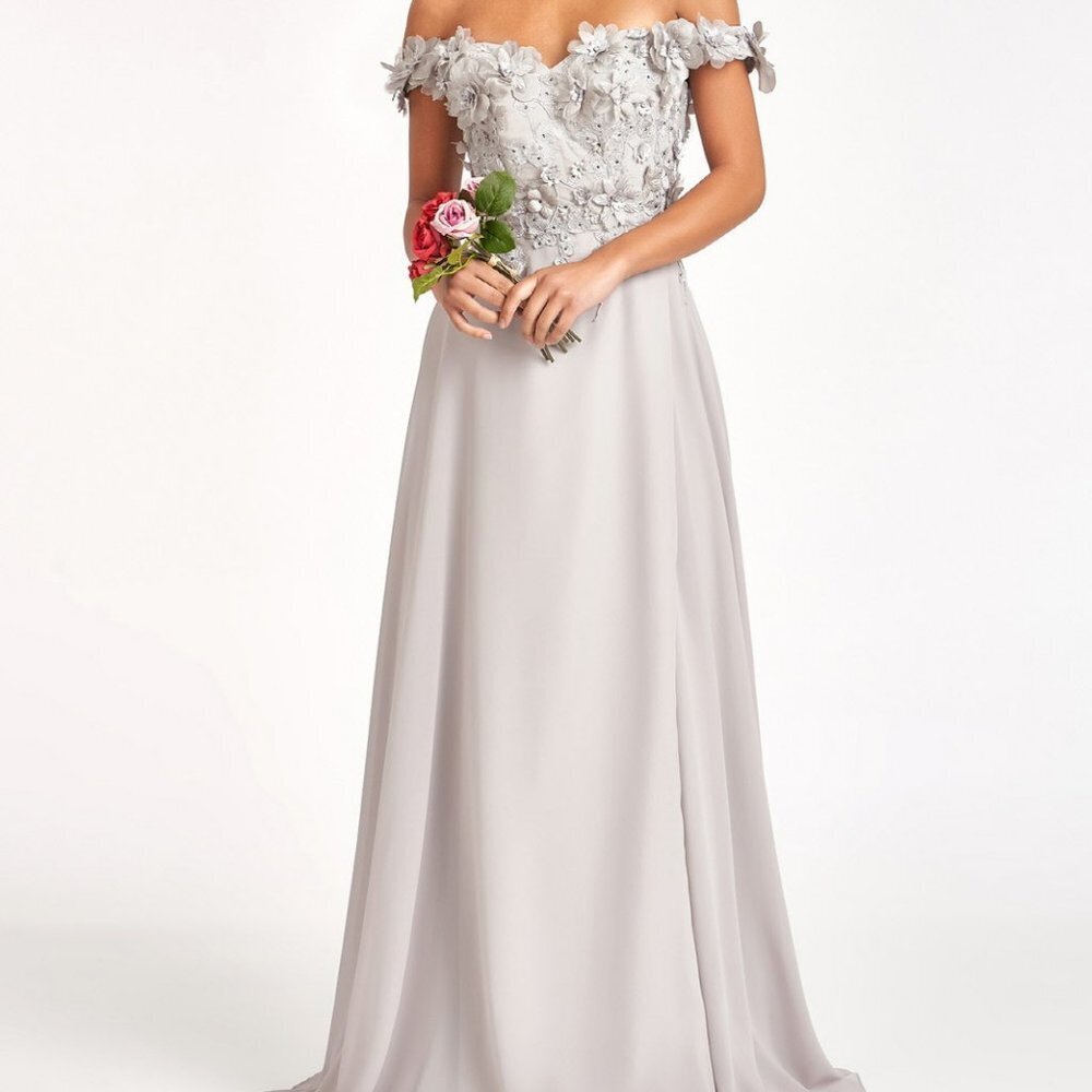SILVER Floral 3D Applique and Embroidery Embellished A-Line Chiffon Dress GL3018